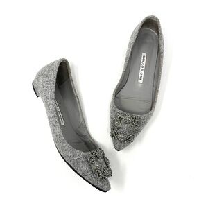 Manolo Blahnik Gray Grey Silver Crystal Hangisi Buckle Flats Shoes Flat 37 7